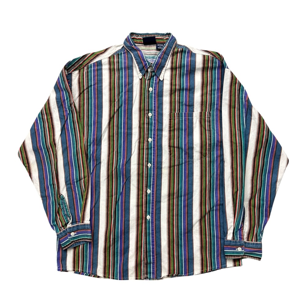 Vintage Bon Homme Multicolor Striped Button Down Shirt Cotton Made in USA 90s L